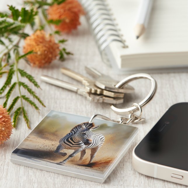 Zebra in the Wild Dramatic Sunset Safari Art Keychain (Front Right)