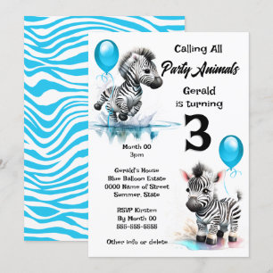 Zebra jungle safari theme boys birthday blue party invitation