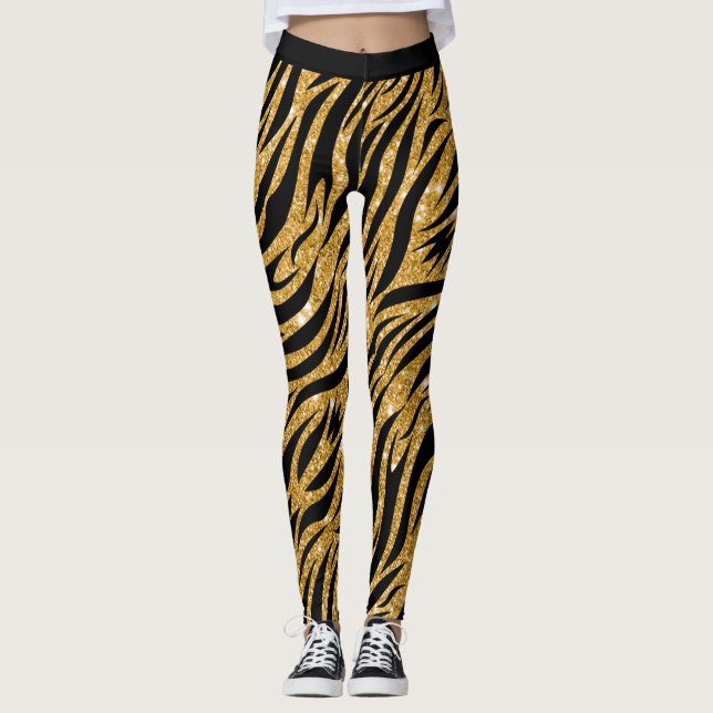 Zebra Leggings Womens, Gold Glitter Look and Black (Front)
