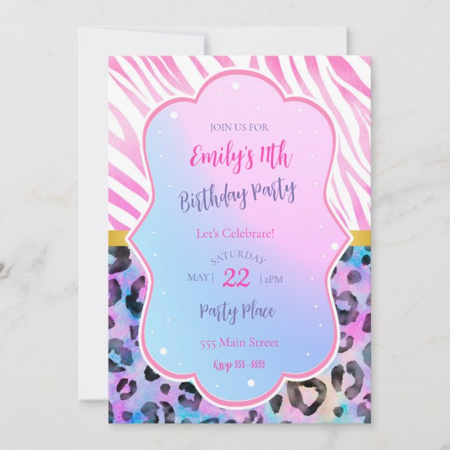 Zebra leopard invitation d'anniversaire neon rose  (Devant)