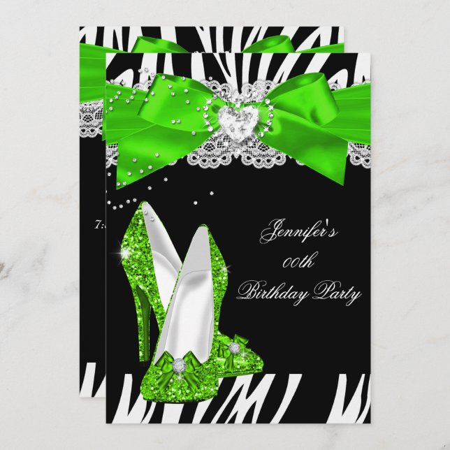 Zebra Lime Green Glitter High Heel Shoe Birthday Invitation (Front/Back)