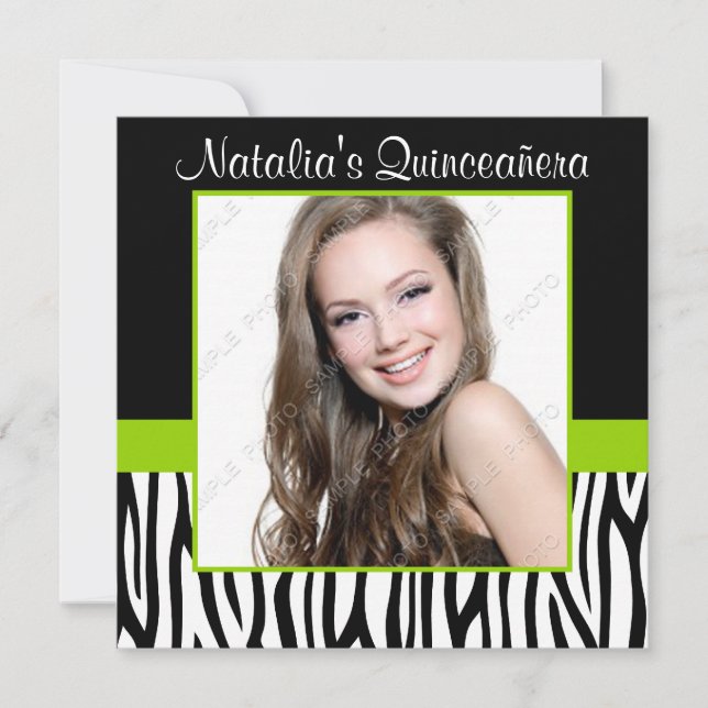 Zebra Lime Green Photo Quinceanera Invitations (Devant)