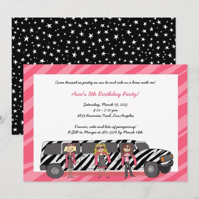 Zebra Limo Girls Invitations Glam Birthday Party (Front/Back)