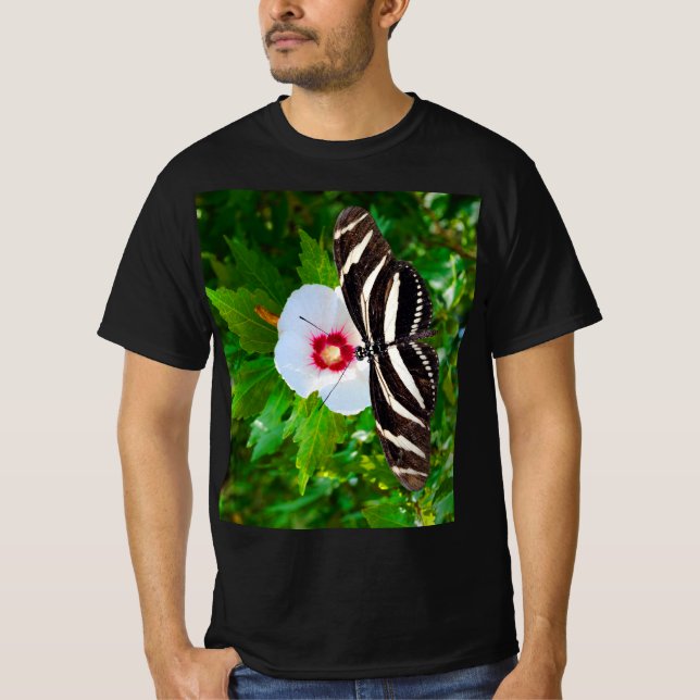 Zebra longwing butterfly on a Hibiscus Red T-Shirt (Front)