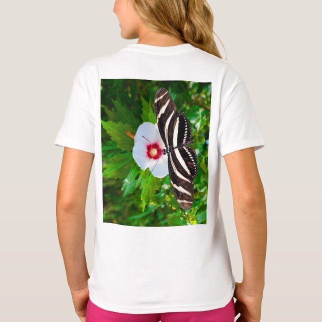 Zebra longwing butterfly on a Hibiscus Red T-Shirt (Back)