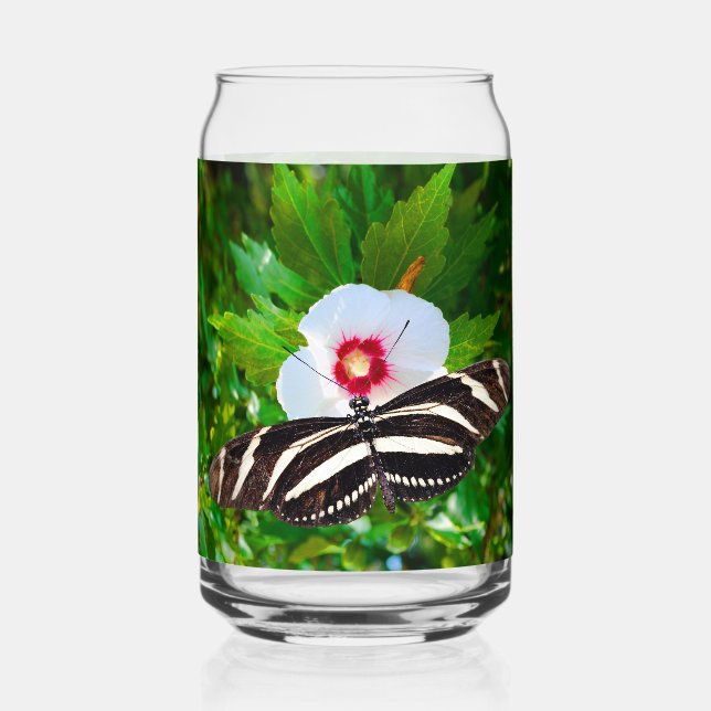 Zebra longwing butterfly on a Hibiscus Red T-Shirt Can Glass (Back)