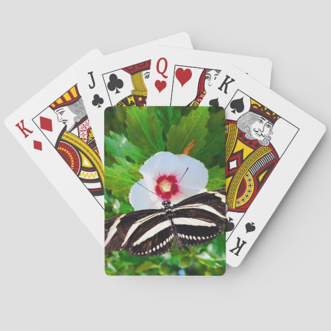 Zebra longwing butterfly on a Hibiscus Red T-Shirt Playing Cards (Back)