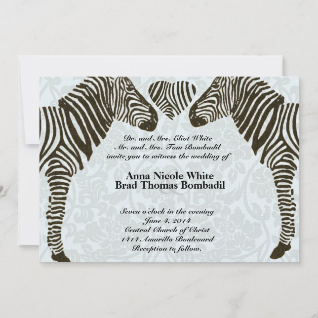 Zebra Love Blue Damask Style Faire-part de mariage (Devant)