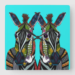 zebra love turquoise square wall clock