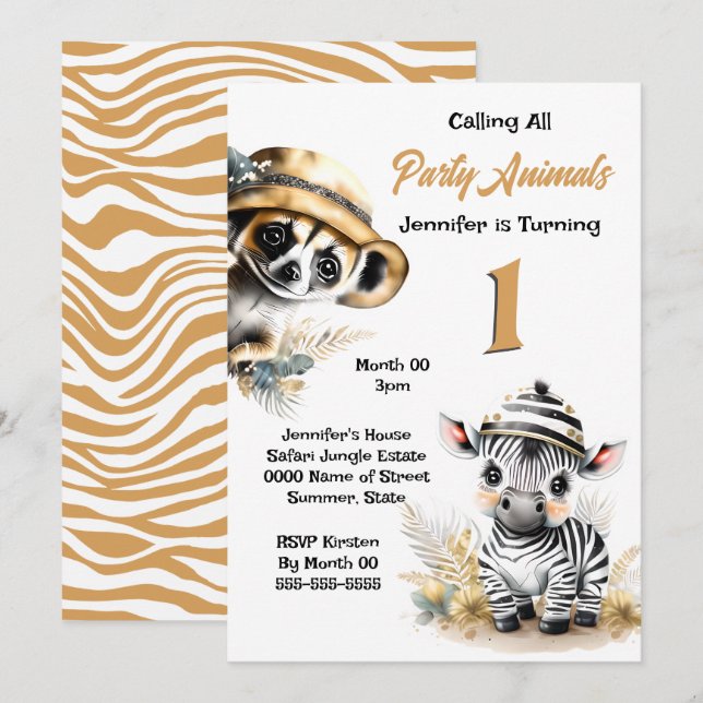 Zebra meerkat jungle safari wild animals kids bush invitation (Front/Back)