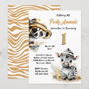 Zebra meerkat jungle safari wild animals kids bush invitation