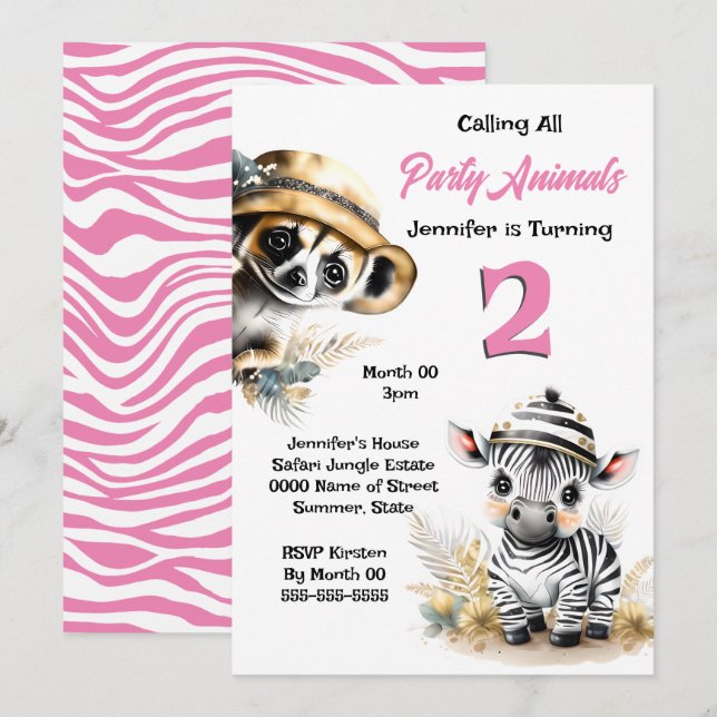 Zebra meerkat jungle safari wild animals pink girl invitation (Front/Back)
