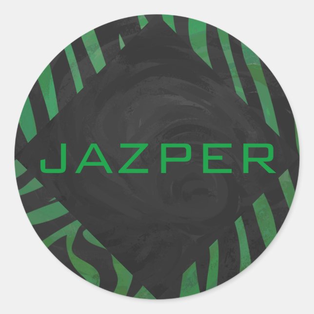 Zebra Monogram Black and Green Print Classic Round Sticker (Front)