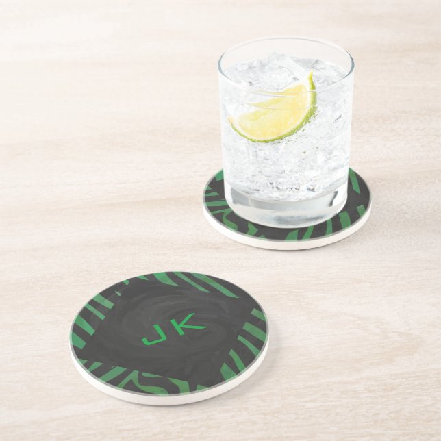 Zebra Monogram Black and Green Print Coaster (Side)