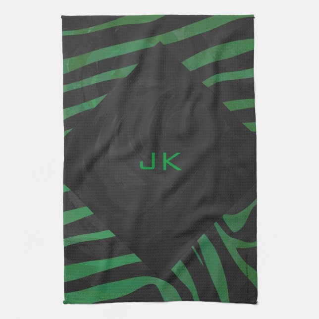 Zebra Monogram Black and Green Print Kitchen Towel (Vertical)