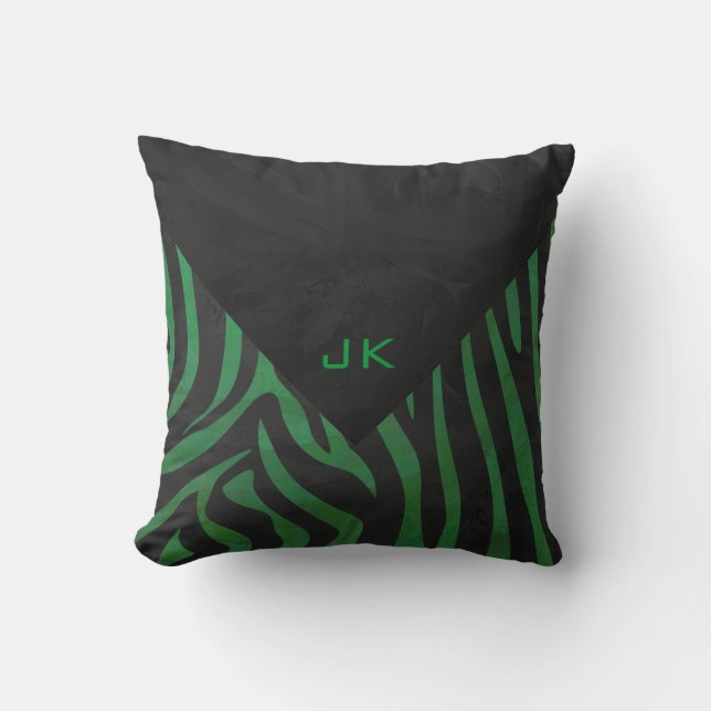 Zebra Monogram Black and Green Print Throw Pillow (Front)