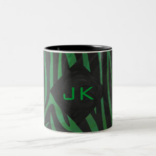 Zebra Monogram Black and Green Print Two-Tone Coffee Mug