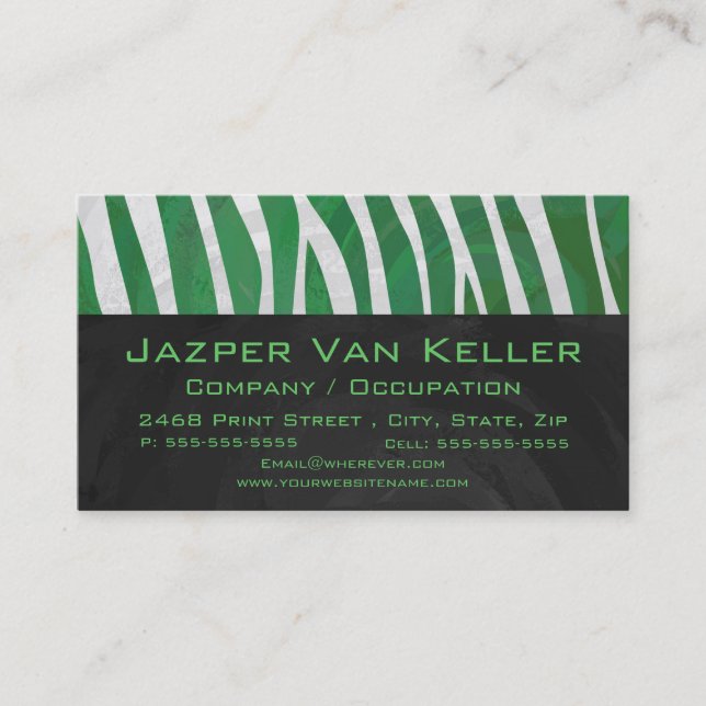 Zebra Monogram Green and White Print Business Card (Front)