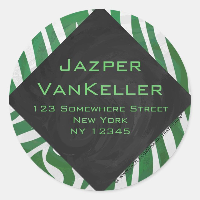 Zebra Monogram Green and White Print Classic Round Sticker (Front)
