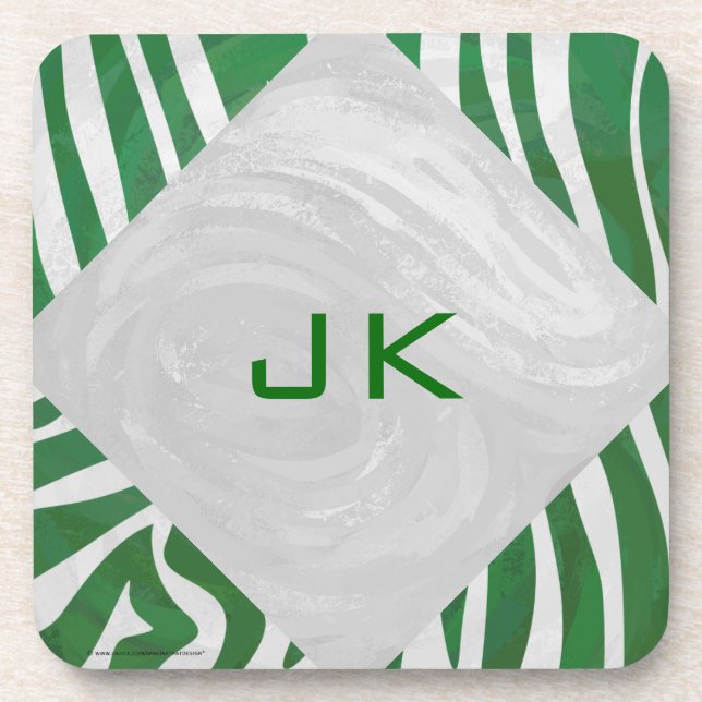 Zebra Monogram Green and White Print Coaster (Front)