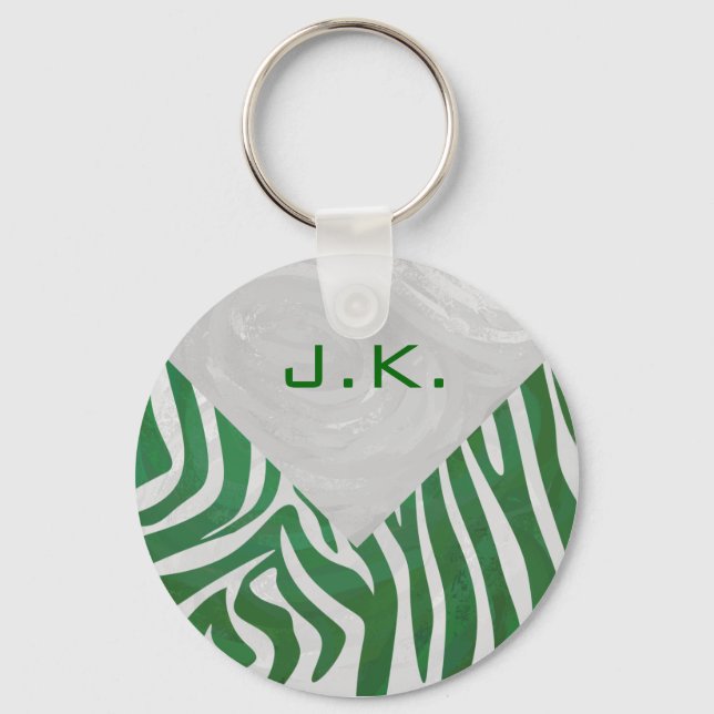 Zebra Monogram Green and White Print Keychain (Front)