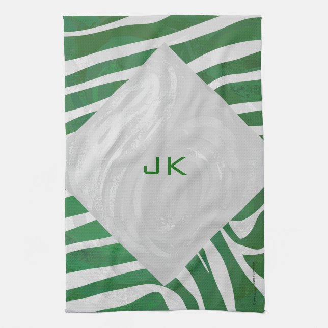 Zebra Monogram Green and White Print Kitchen Towel (Vertical)