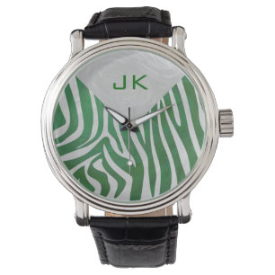 Zebra Monogram Green and White Print Watch