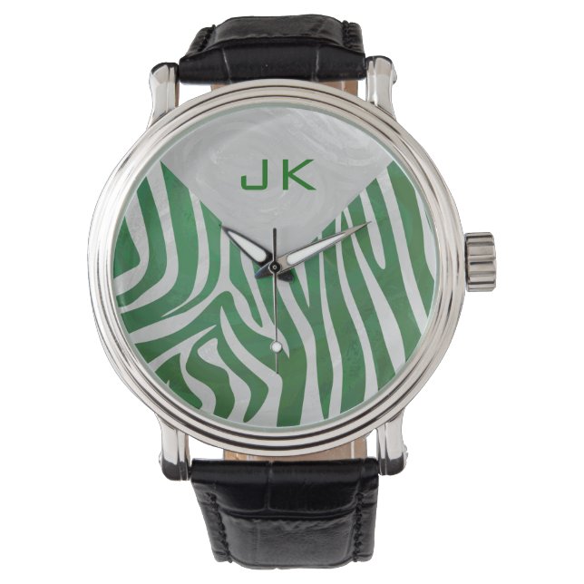 Zebra Monogram Green and White Print Watch (Front)