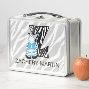 Zebra Monogrammed Letter Z Animal Print Blue Metal Lunch Box