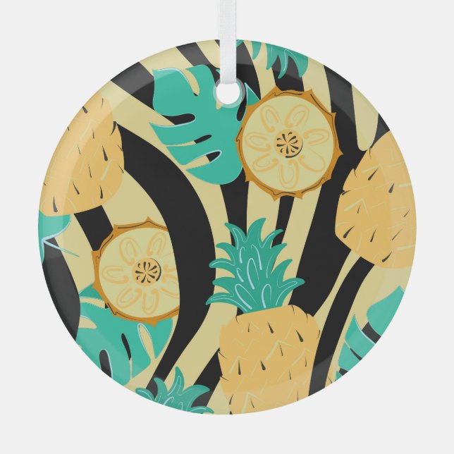 Zebra, monstera, pineapple: summer pattern. glass ornament (Front)