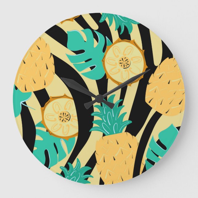 Zebra, monstera, pineapple: summer pattern. large clock (Front)
