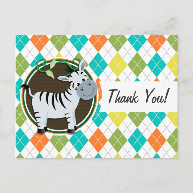 Zebra on Colourful Argyle Pattern Postcard (Front)