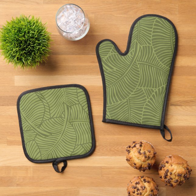 Zebra Palm Hawaiian Tropical Olive Green Oven Mitt & Pot Holder Set (Top Down)