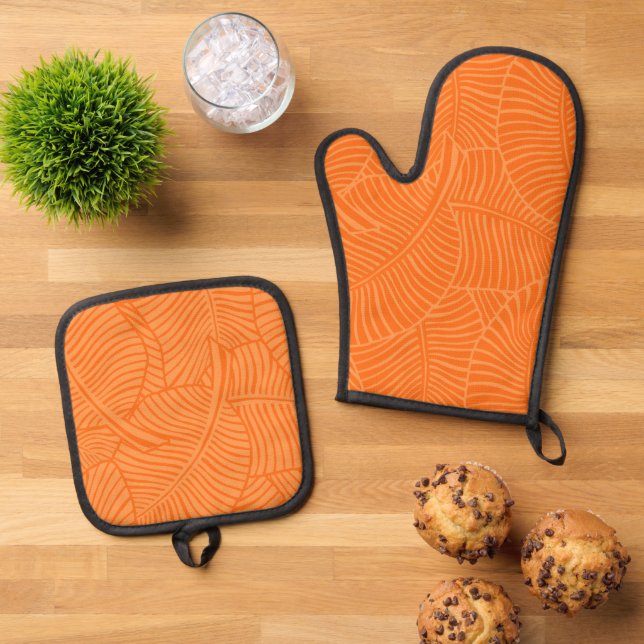 Zebra Palm Hawaiian Tropical Tangerine Oven Mitt & Pot Holder Set (Top Down)