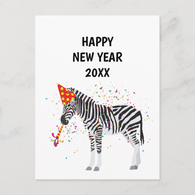 Zebra Partying - Animals Holiday New Years Card (Front)