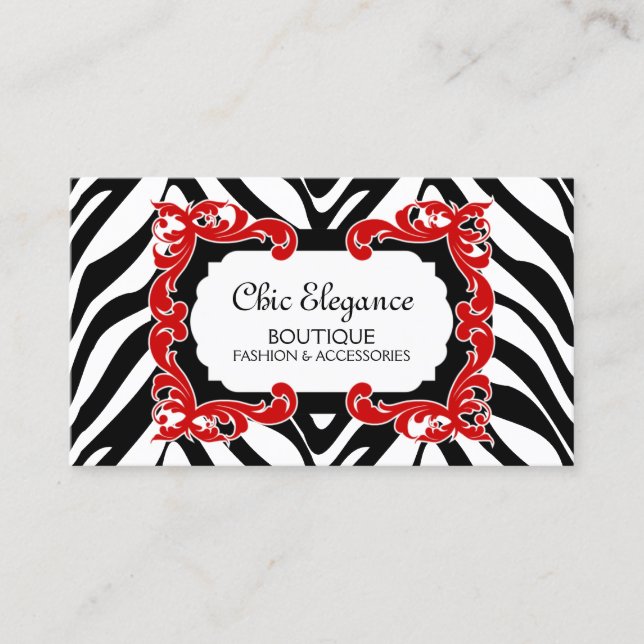 Zebra Pattern and Red Flourish Business Card (Front)