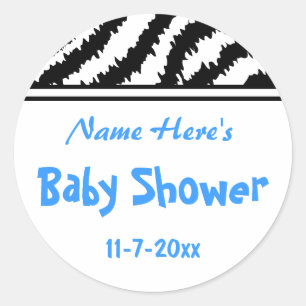 Zebra Pattern Baby Shower. Blue, Black and White. Classic Round Sticker