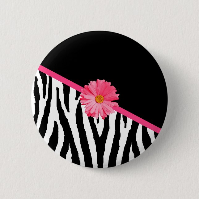 Zebra Pattern Girly Pink Daisy 2 Inch Round Button (Front)
