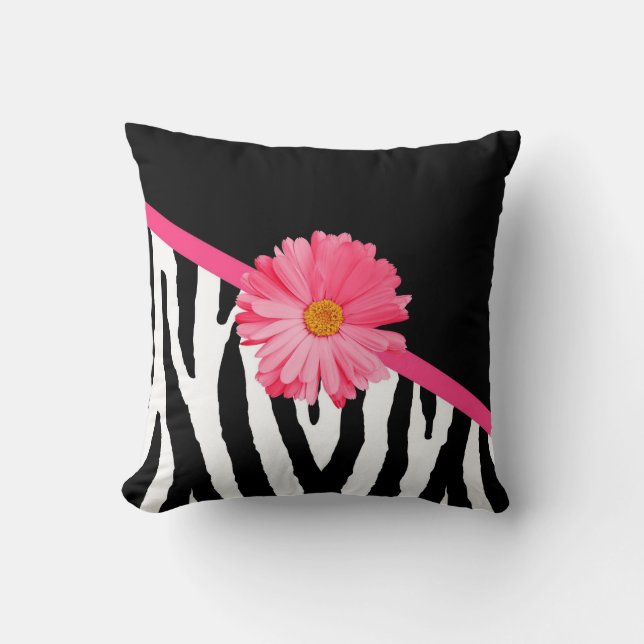 Zebra Pattern Girly Pink Daisy Throw Pillow (Front)