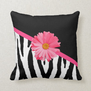 Zebra Pattern Girly Pink Daisy Throw Pillow
