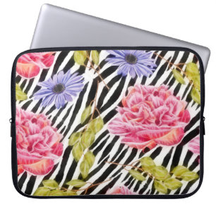 Zebra Pattern Pink Flowers and Stripes Laptop Sleeve
