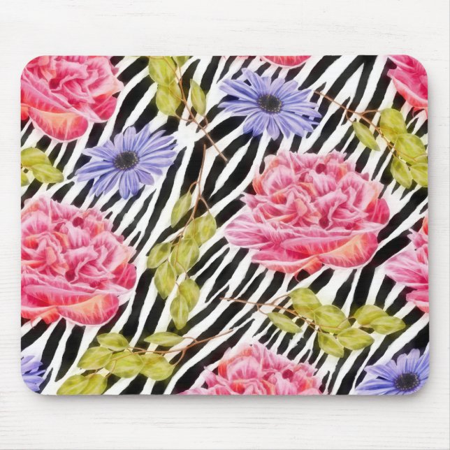 Zebra Pattern Pink Flowers and Stripes Mouse Pad (Front)