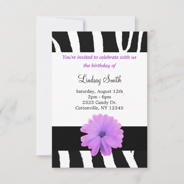 Zebra Pattern with Flower Birthday Invitation (Front)