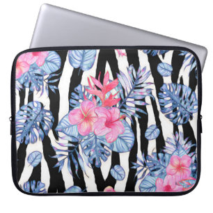 Zebra Pattern With Tropical Hibiscus and Flamingos Laptop Sleeve