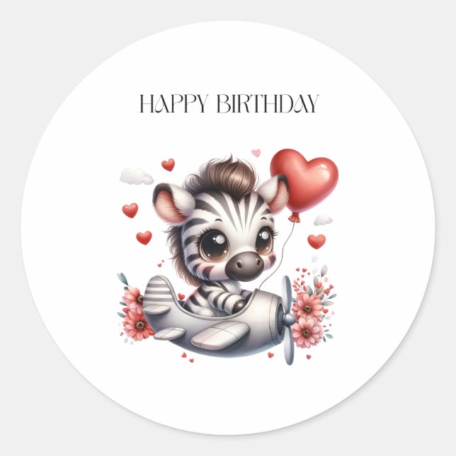 Zebra Pilot Birthday Classic Round Sticker (Front)