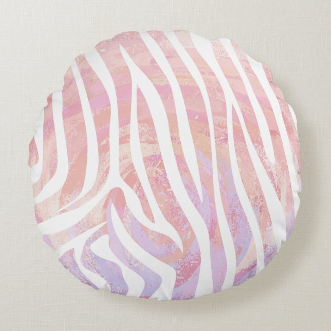Zebra Pink and White Print Round Pillow (Front)