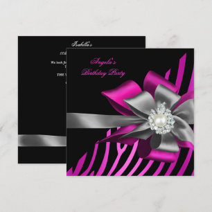 Zebra Pink Black Silver Bow Pearl Birthday Party Invitation