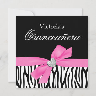 Zebra Pink Bow Diamond Quinceanera Invitations