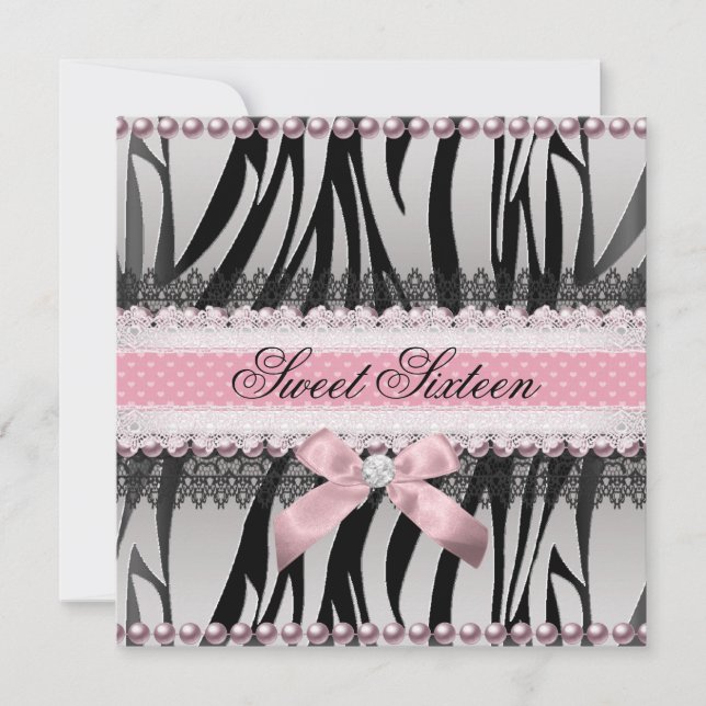 Zebra Pink Bow Pink Zebra Sweet 16 Birthday Invitation (Front)