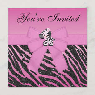 Zebra, Pink Cupcakes & Animal Print Glitter Party Invitation